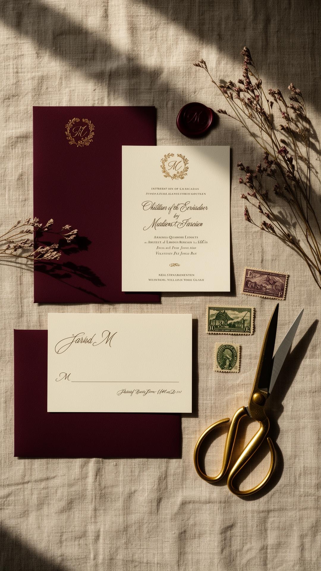 A refined digital invitation suite styled with dried florals and gold on linen.